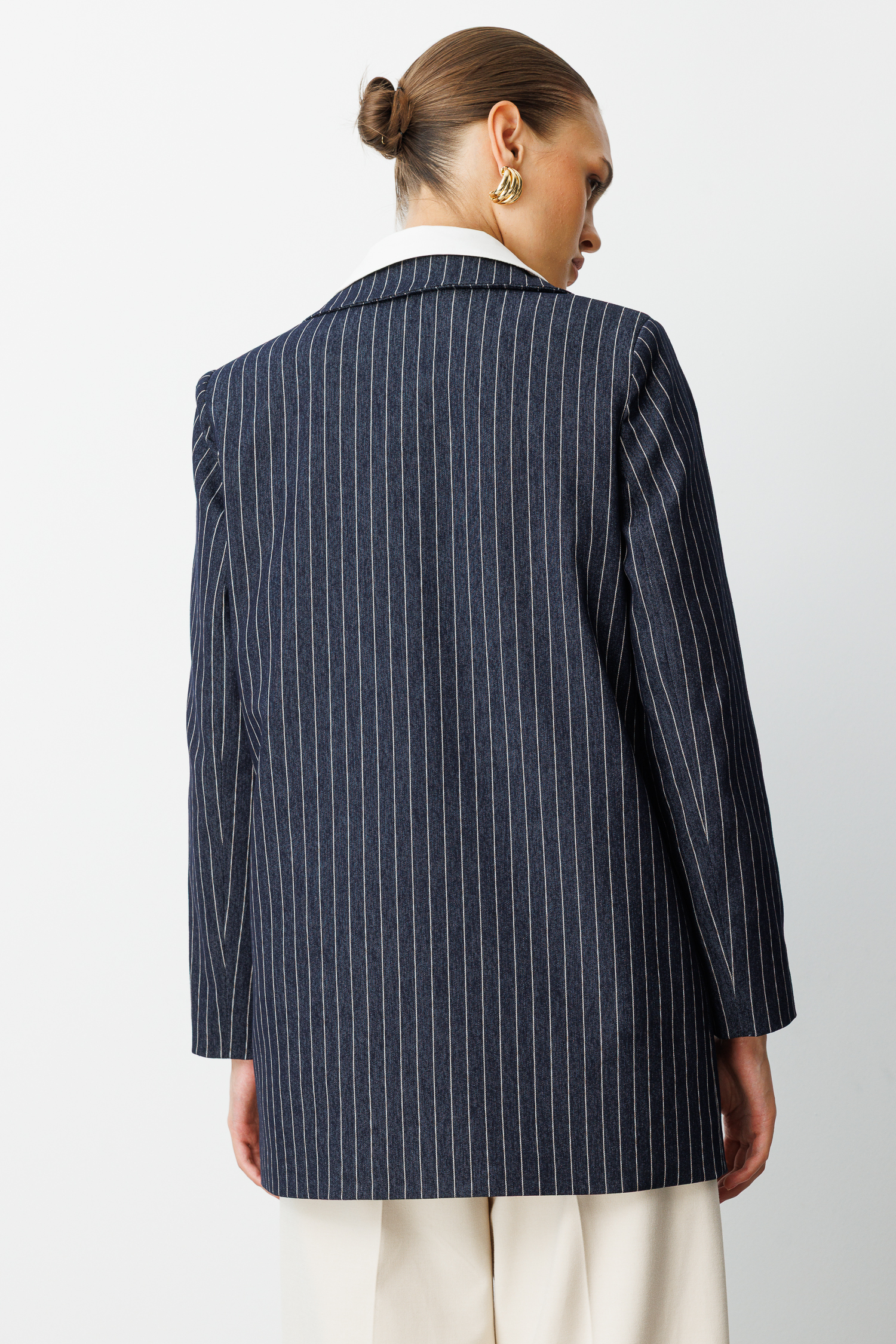 Mizalle Oversize Çizgili Özel Tasarım Lacivert Kruvaze Ceket - 6