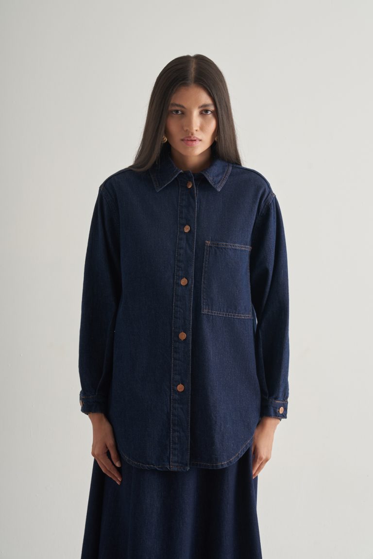 Mizalle Oversize Düğmeli Lacivert Denim Tunik - Mizalle