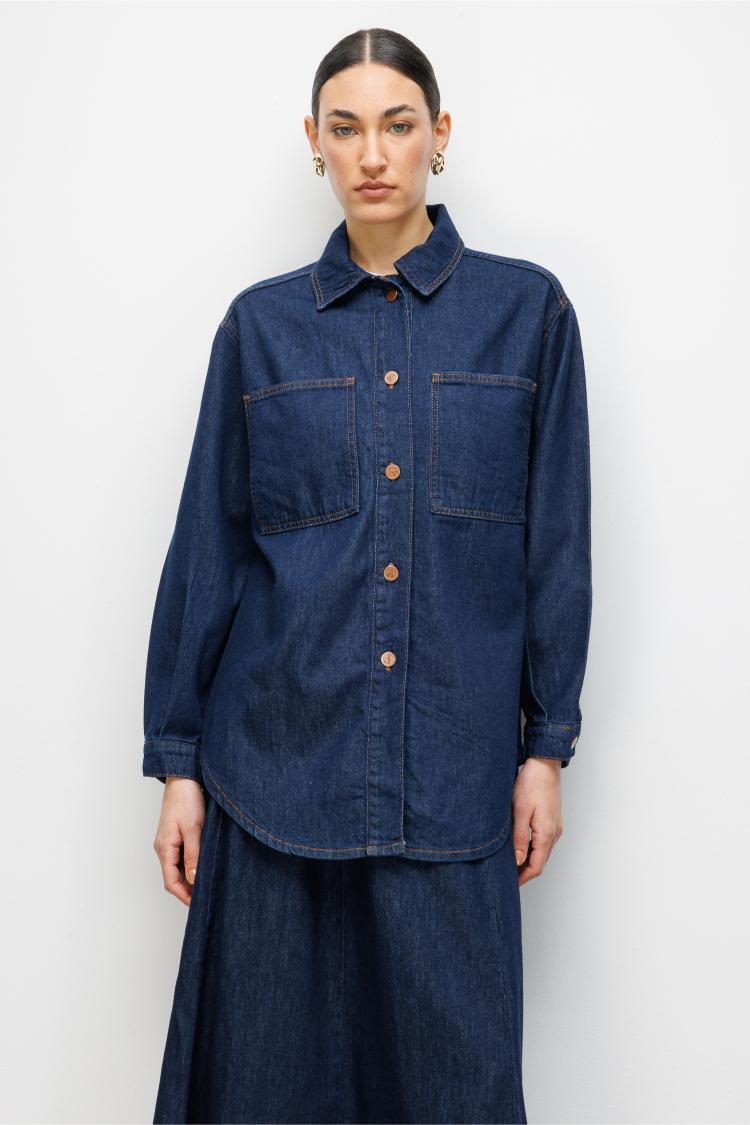 Mizalle Oversize Düğmeli Lacivert Denim Tunik - Mizalle