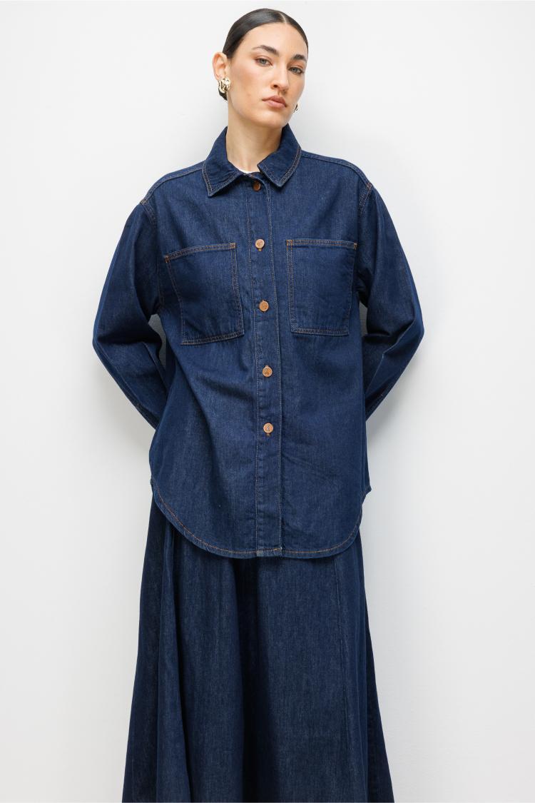Mizalle Oversize Düğmeli Lacivert Denim Tunik - Mizalle