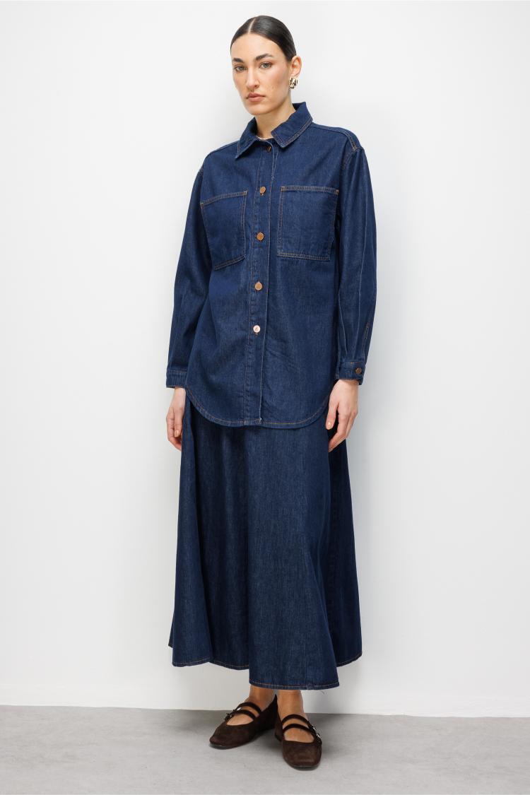 Mizalle Oversize Düğmeli Lacivert Denim Tunik - Mizalle