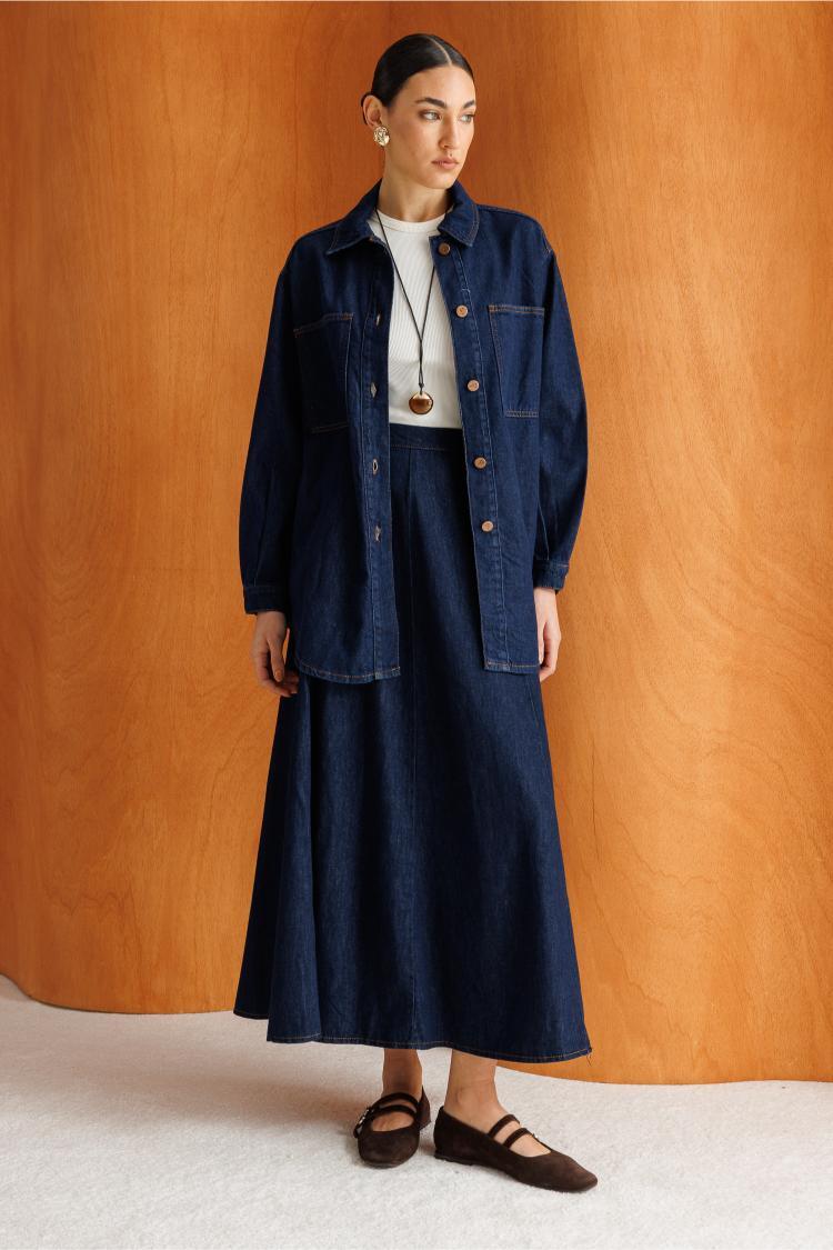 Mizalle Oversize Düğmeli Lacivert Denim Tunik - 6