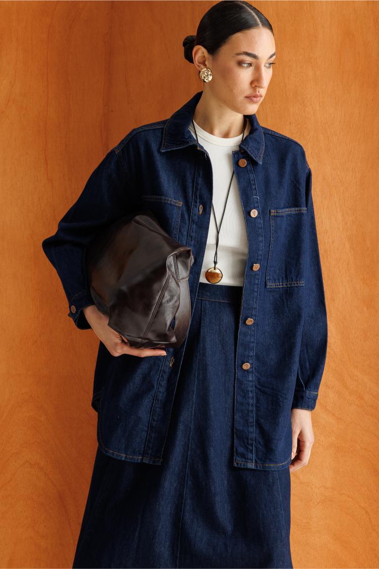 Mizalle Oversize Düğmeli Lacivert Denim Tunik - Mizalle