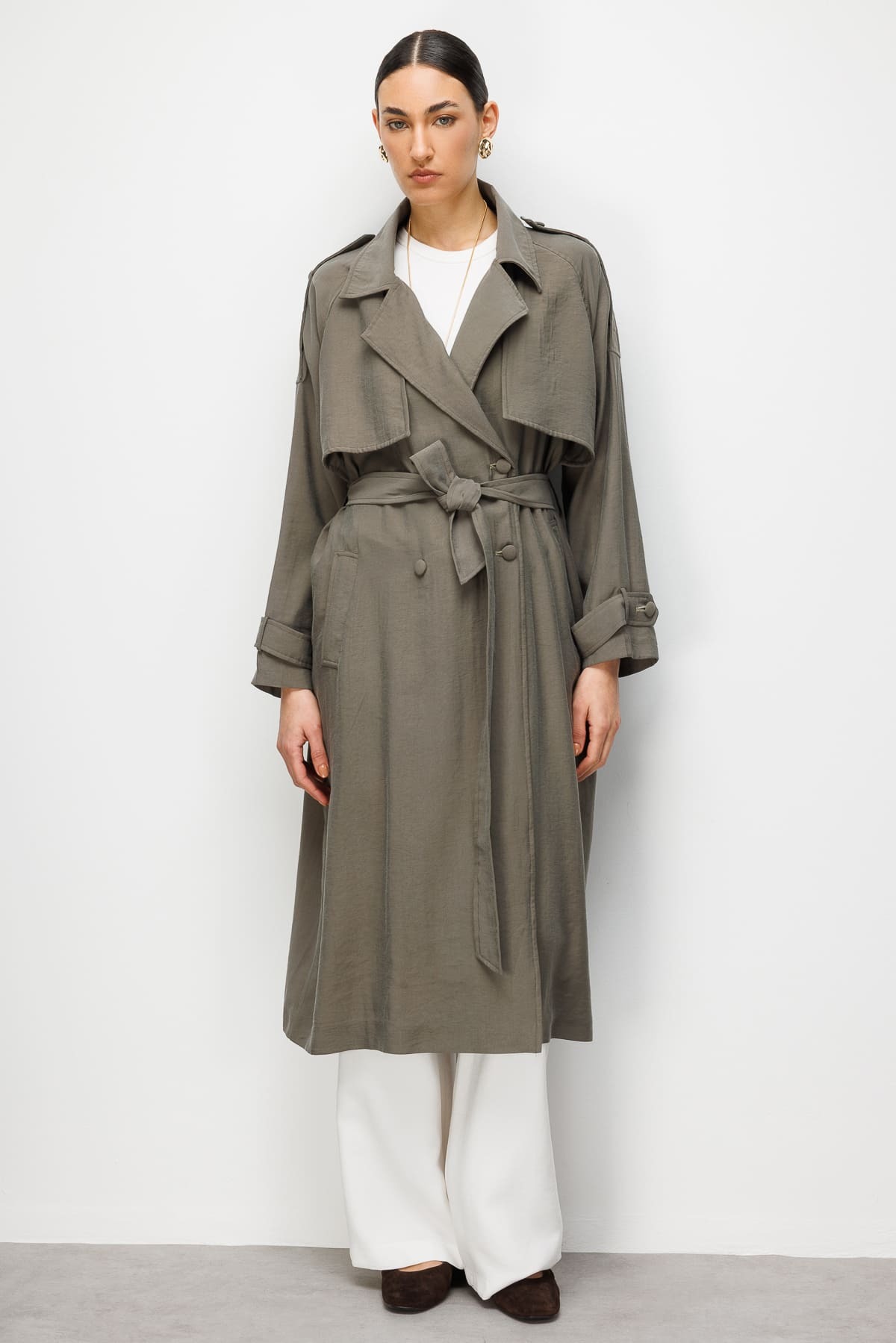 Mizalle Oversize Haki Tencel Trençkot - 2