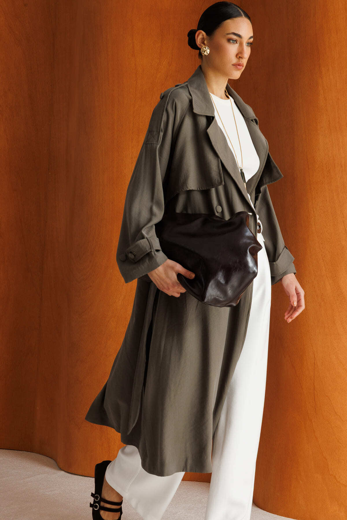 Mizalle Oversize Haki Tencel Trençkot - Mizalle