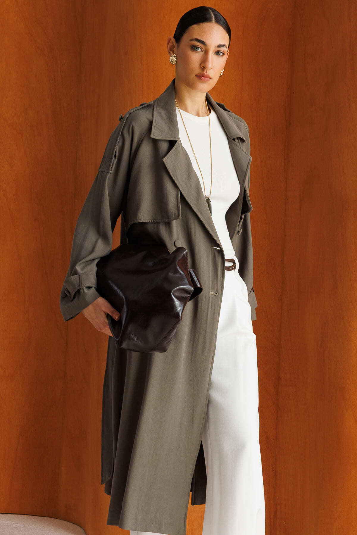 Mizalle Oversize Haki Tencel Trençkot - 4