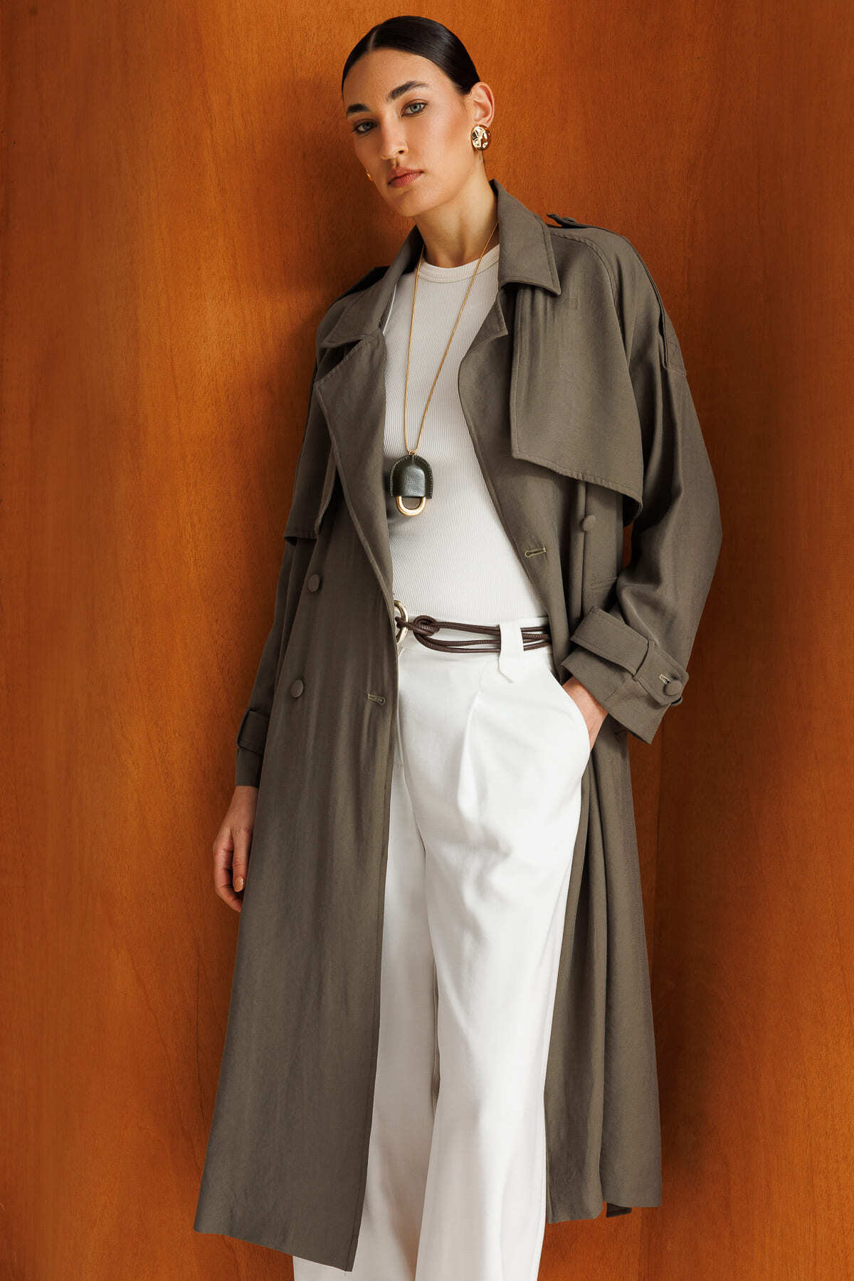 Mizalle Oversize Haki Tencel Trençkot - 1