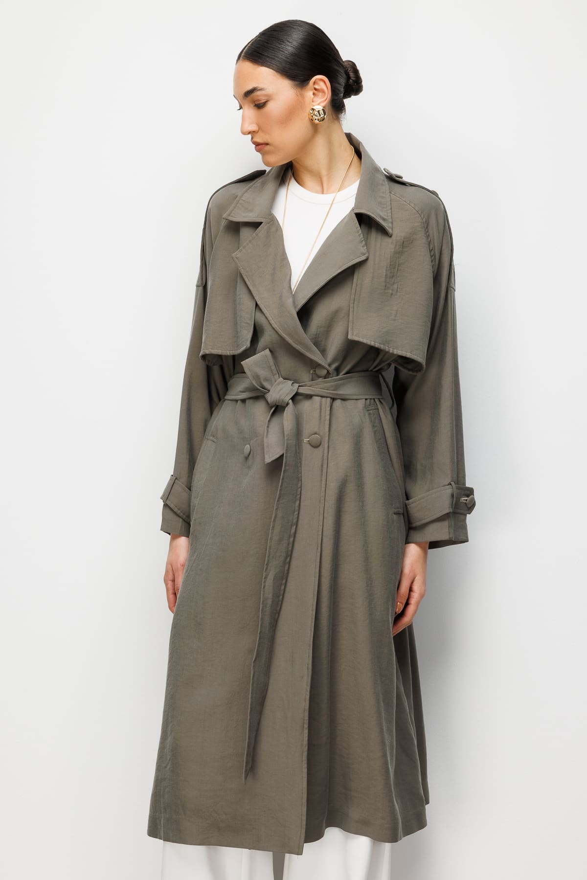 Mizalle Oversize Haki Tencel Trençkot - 6