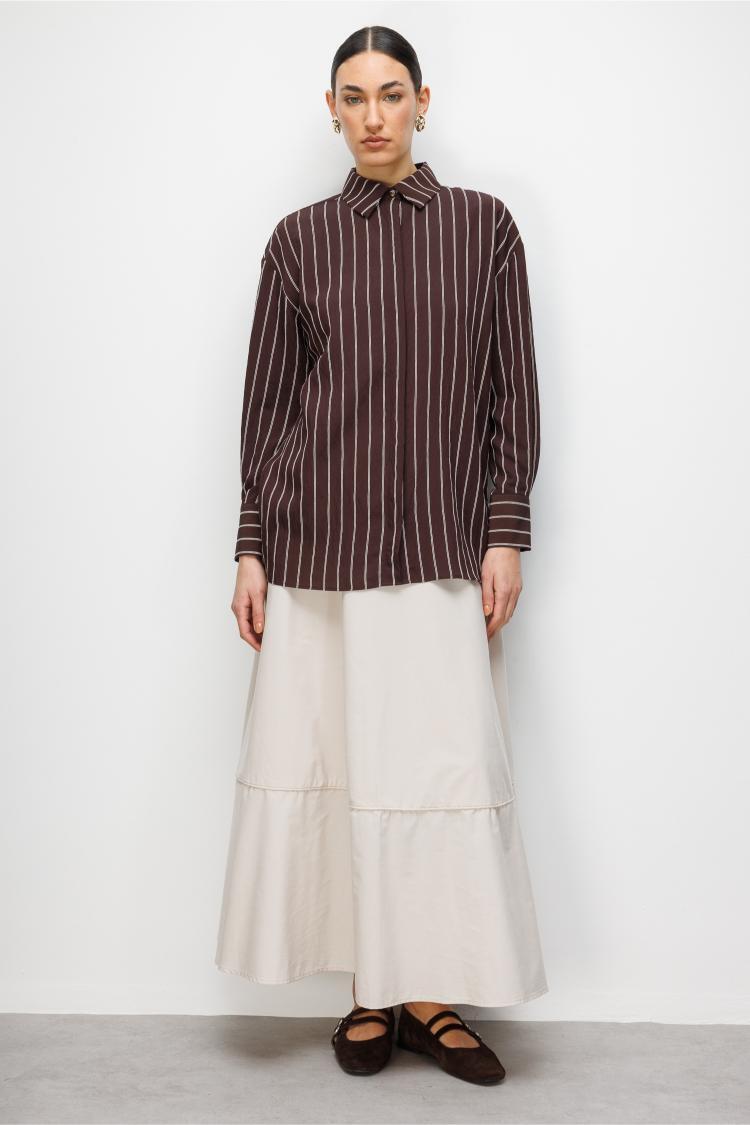 Mizalle Oversize Kahverengi Çizgili Gömlek - 2