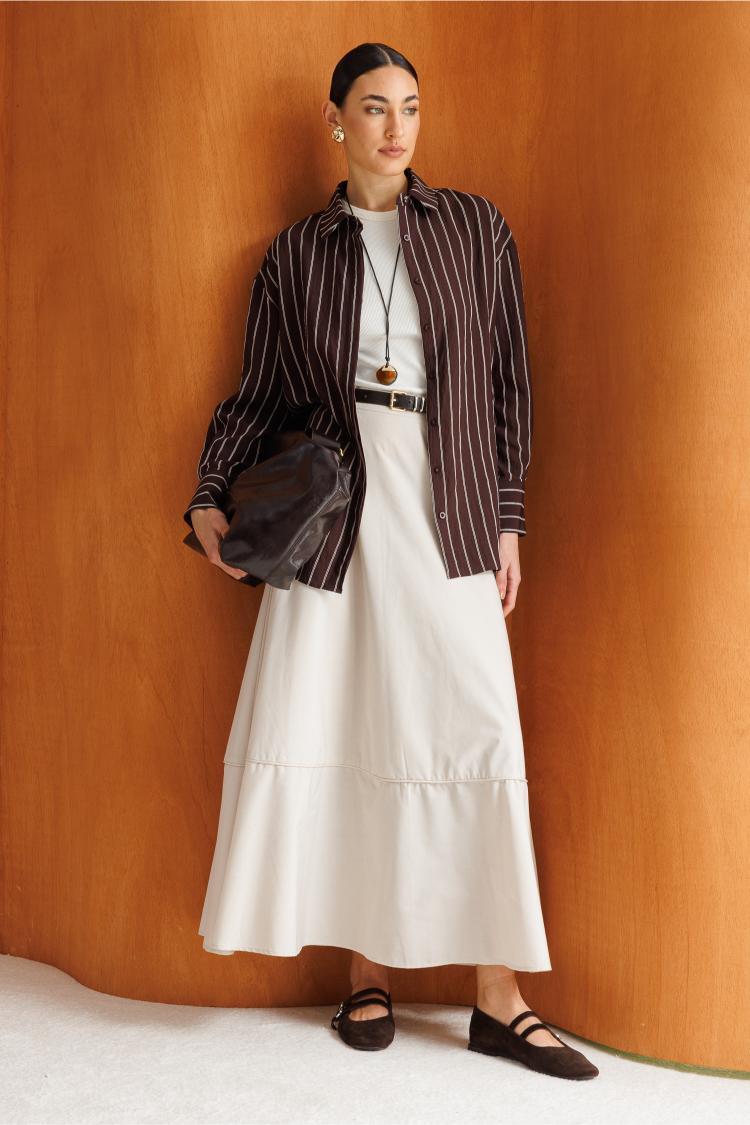 Mizalle Oversize Kahverengi Çizgili Gömlek - 3