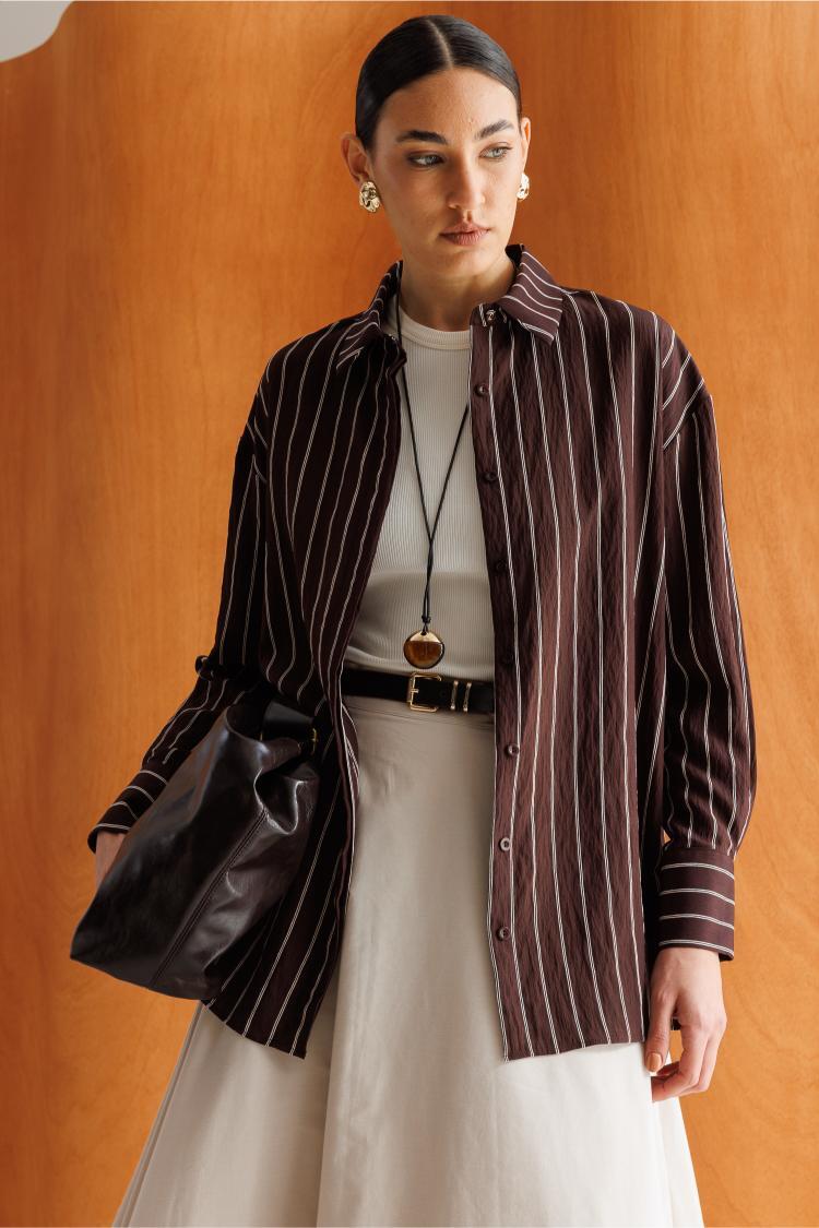 Mizalle Oversize Kahverengi Çizgili Gömlek - Mizalle