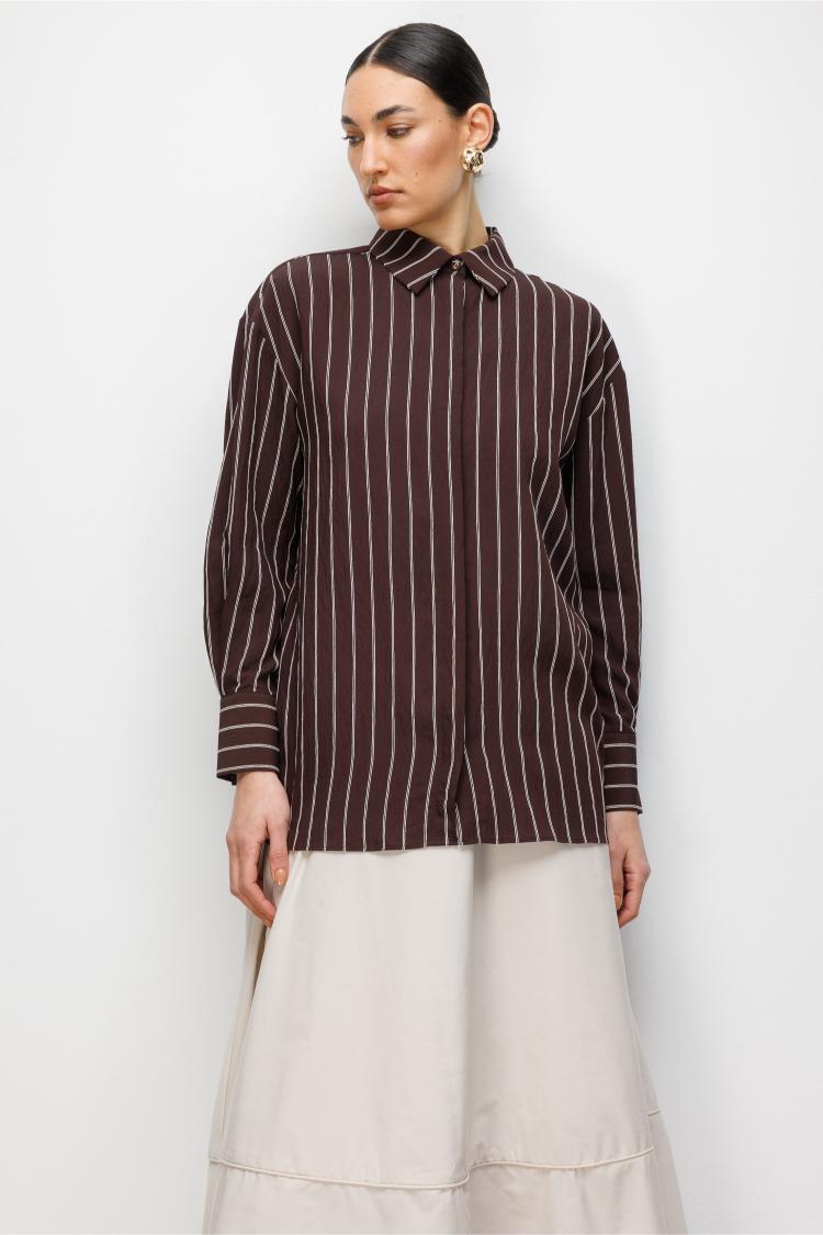 Mizalle Oversize Kahverengi Çizgili Gömlek - 4