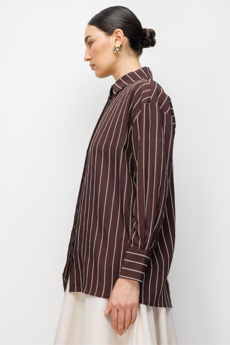 Mizalle Oversize Kahverengi Çizgili Gömlek - 5