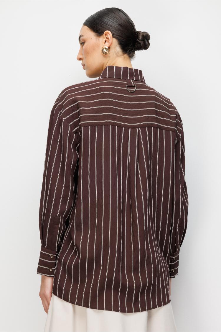 Mizalle Oversize Kahverengi Çizgili Gömlek - 6