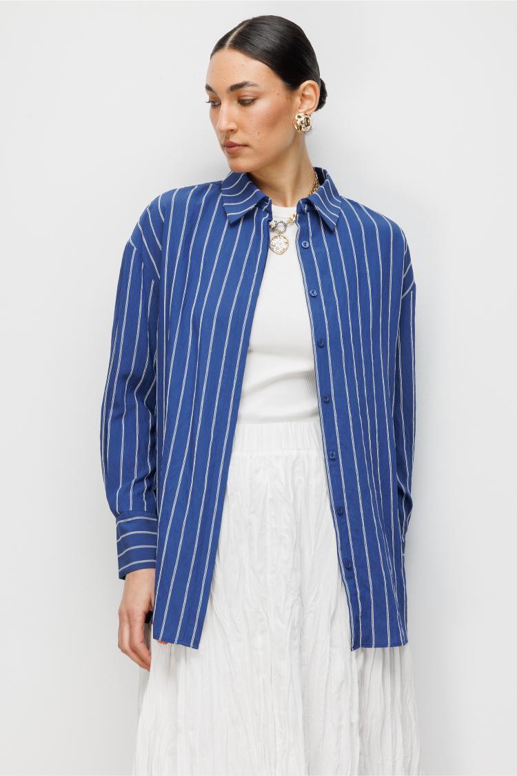 Mizalle Oversize Lacivert Çizgili Gömlek - 2