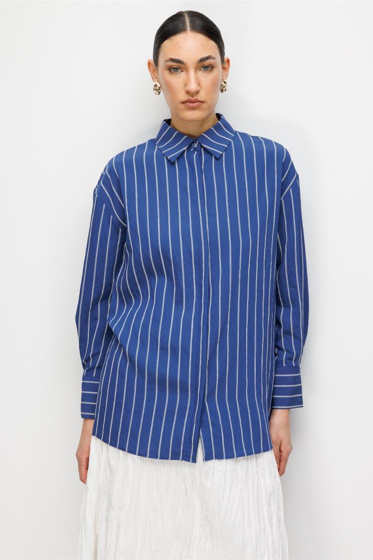 Mizalle Oversize Lacivert Çizgili Gömlek - 3