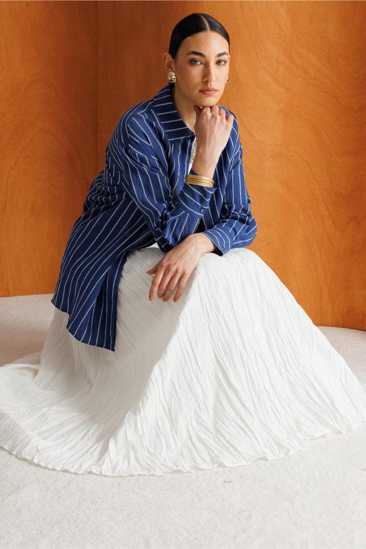 Mizalle Oversize Lacivert Çizgili Gömlek - Mizalle