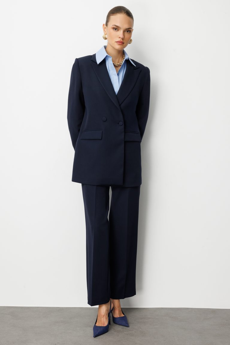 Mizalle Oversize Lacivert Kruvaze Blazer Ceket - Mizalle