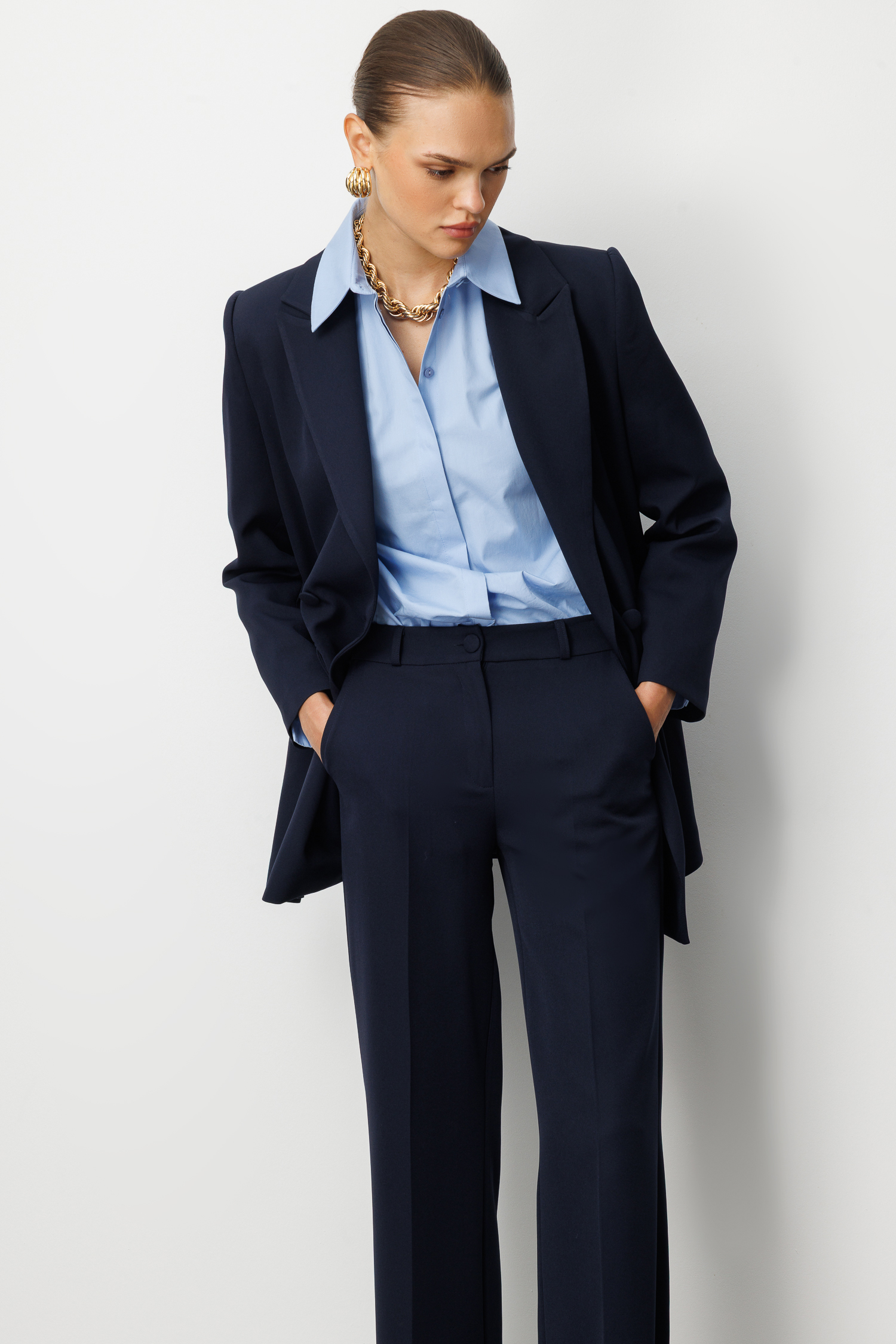 Mizalle - Mizalle Oversize Lacivert Kruvaze Blazer Ceket Mizalle - Mizalle Oversize Lacivert Kruvaze Blazer Ceket