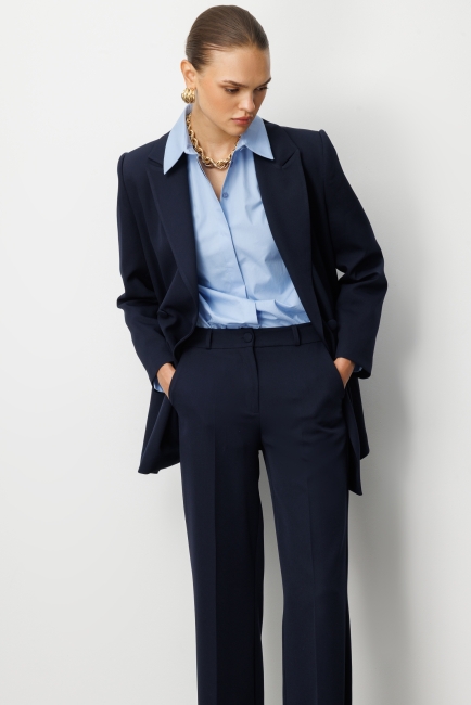 Mizalle - Mizalle Oversize Lacivert Kruvaze Blazer Ceket Mizalle - Mizalle Oversize Lacivert Kruvaze Blazer Ceket