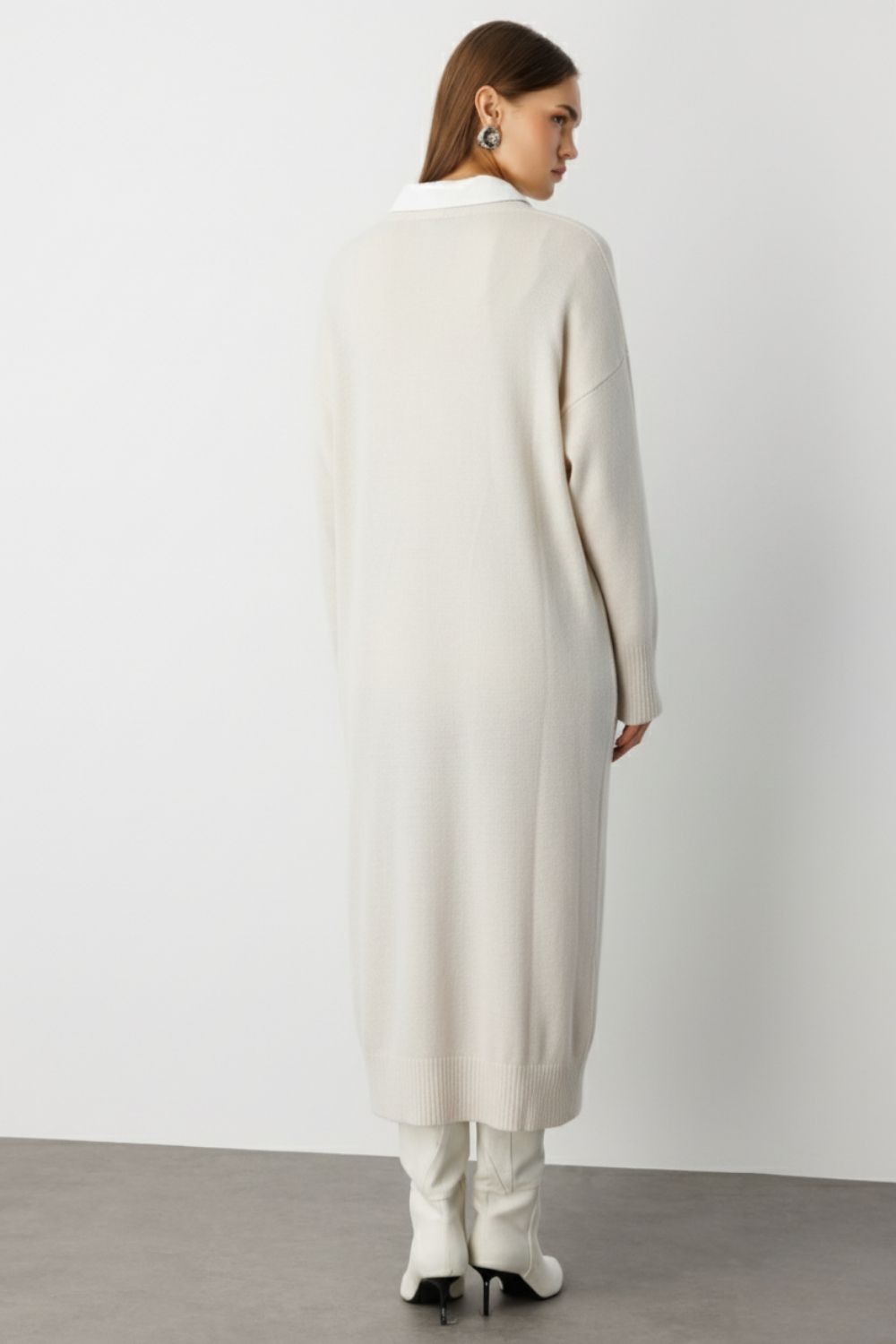 Mizalle Oversize V Yaka Uzun Ekru Triko Hırka