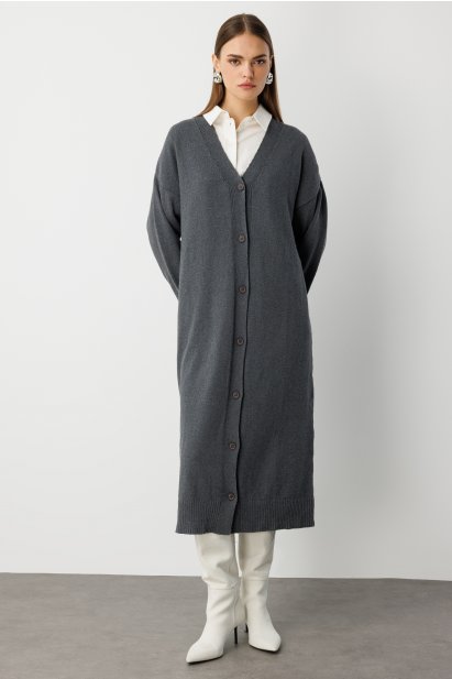 Mizalle Oversize V Yaka Uzun Gri Triko Hırka - Mizalle