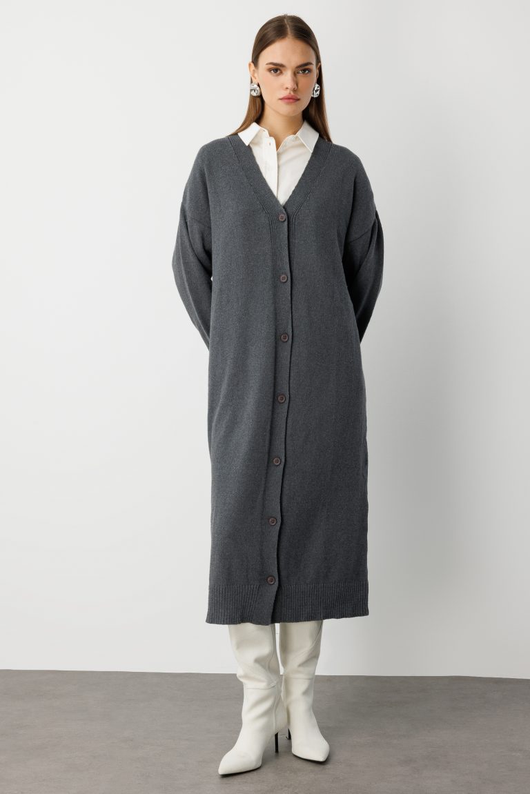 Mizalle Oversize V Yaka Uzun Gri Triko Hırka - Mizalle