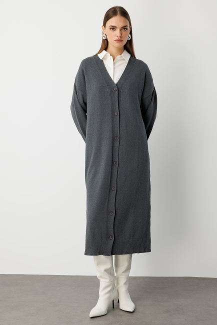 Mizalle - Mizalle Oversize V Yaka Uzun Gri Triko Hırka