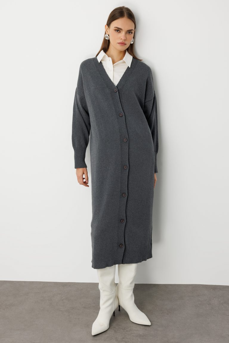 Mizalle Oversize V Yaka Uzun Gri Triko Hırka - Mizalle