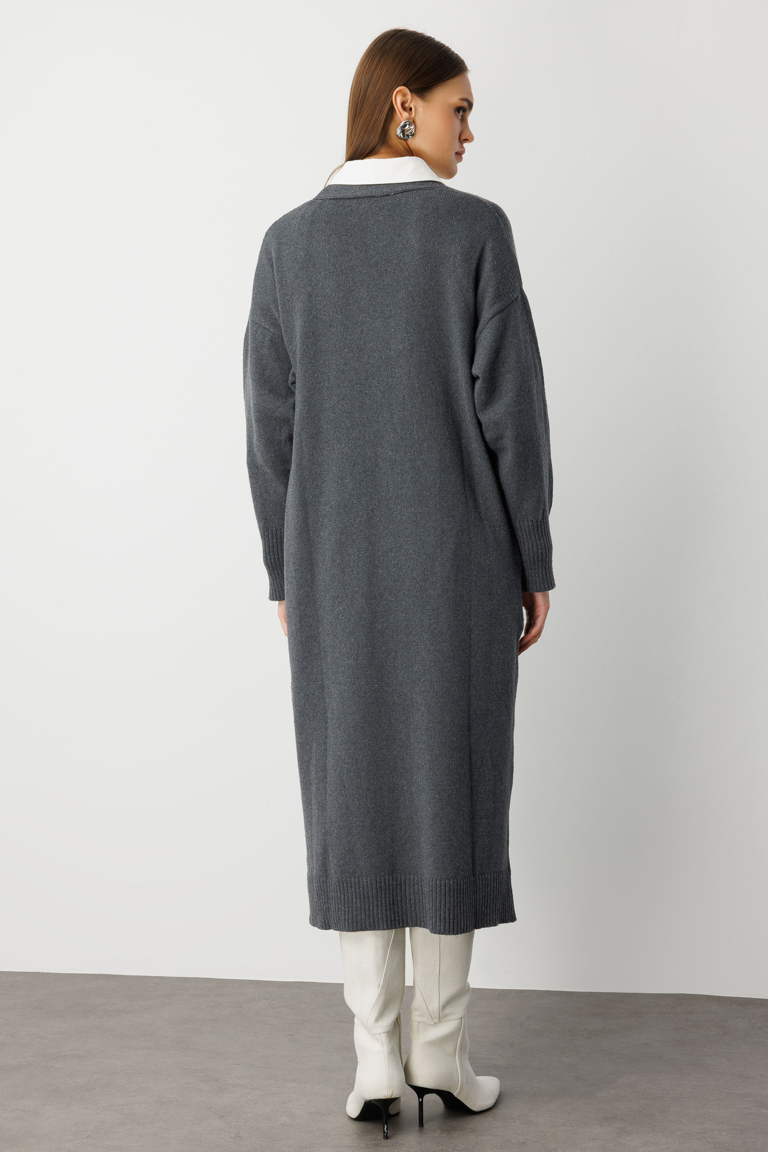 Mizalle Oversize V Yaka Uzun Gri Triko Hırka