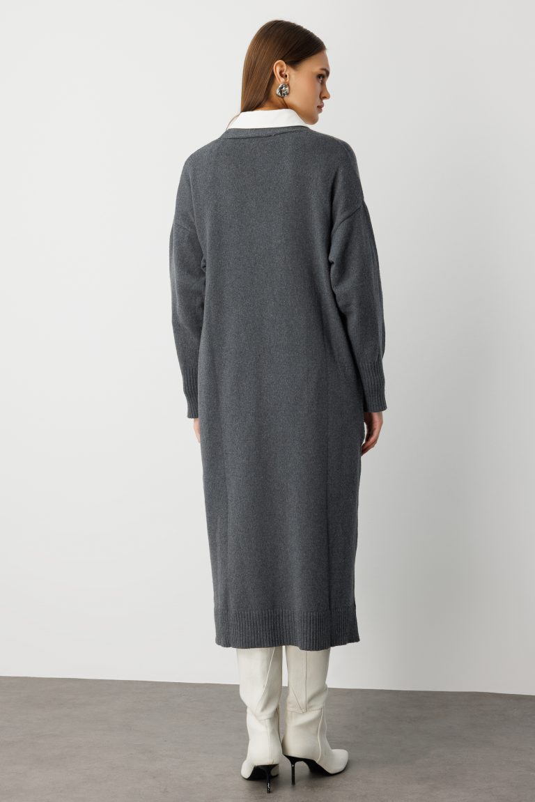 Mizalle Oversize V Yaka Uzun Gri Triko Hırka - Mizalle