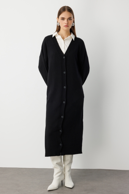 Mizalle - Mizalle Oversize V Yaka Uzun Siyah Triko Hırka