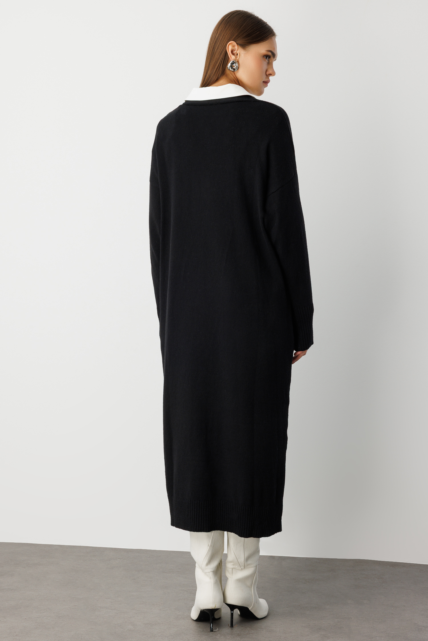 Mizalle Oversize V Yaka Uzun Siyah Triko Hırka