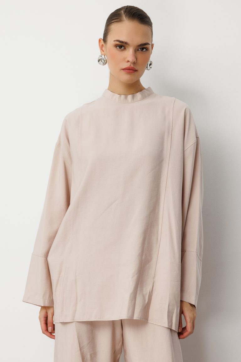Mizalle Oversize Yüksek Yaka Modal Karışımlı Bej Rengi Tunik - Mizalle