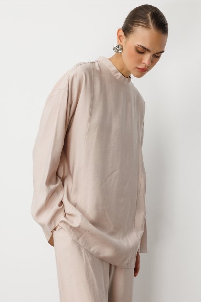 Mizalle Oversize Yüksek Yaka Modal Karışımlı Bej Rengi Tunik - Mizalle