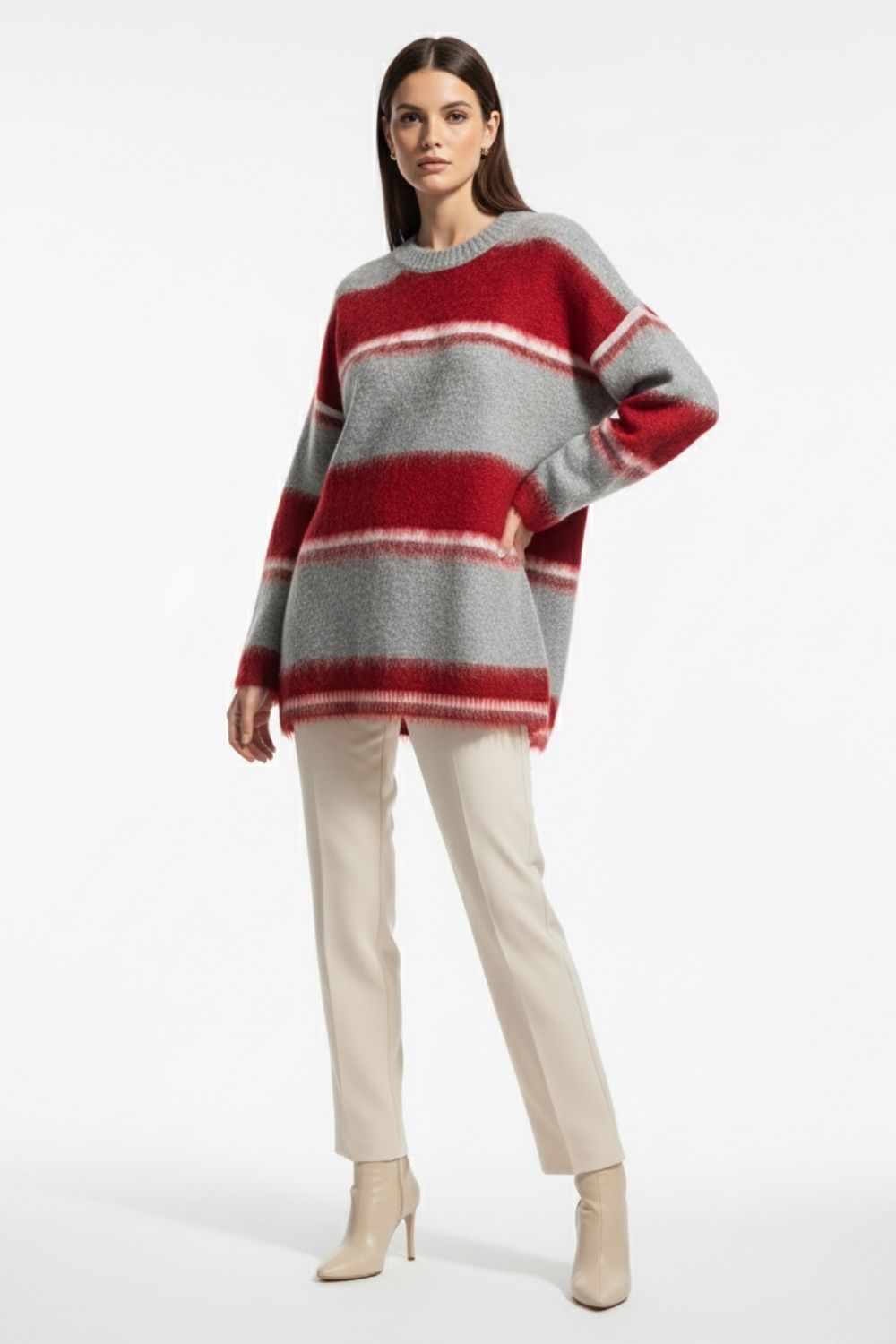 Mizalle Oversize Yumuşak Doklu Gri Kırmızı Çizgili Triko Ka - Mizalle