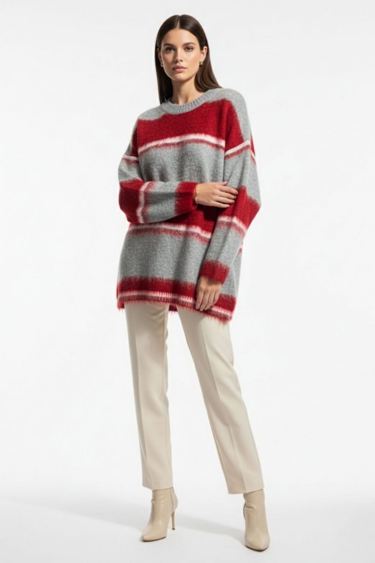 Mizalle Oversize Yumuşak Doklu Gri Kırmızı Çizgili Triko Ka - Mizalle