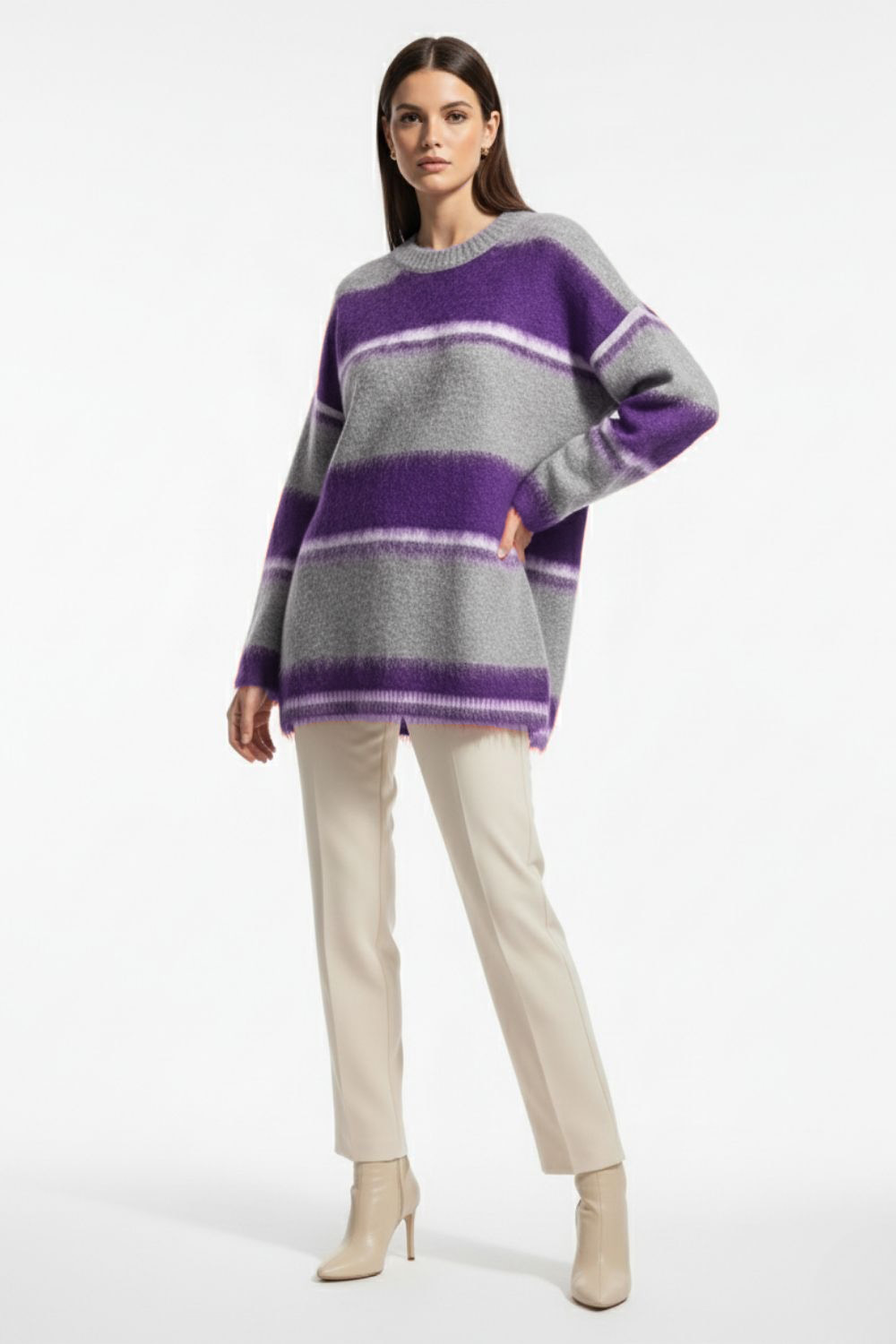 Mizalle Oversize Yumuşak Doklu Gri Mor Çizgili Triko Kazak - Mizalle