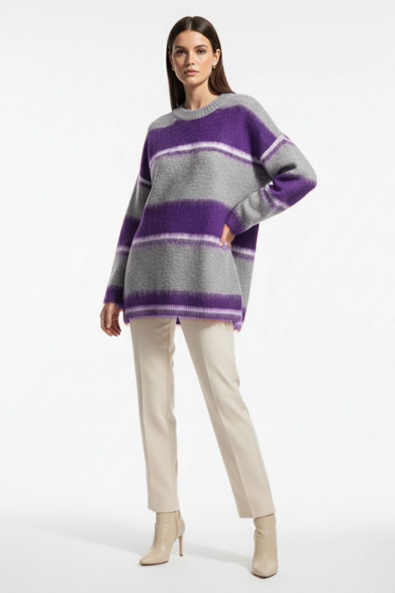 Mizalle Oversize Yumuşak Doklu Gri Mor Çizgili Triko Kazak - Mizalle