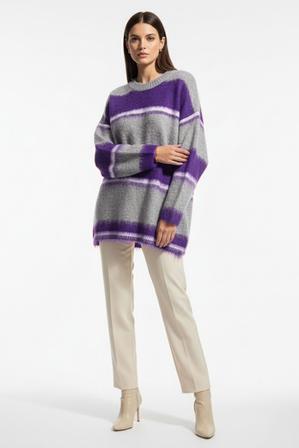 Mizalle Oversize Yumuşak Doklu Gri Mor Çizgili Triko Kazak - Mizalle