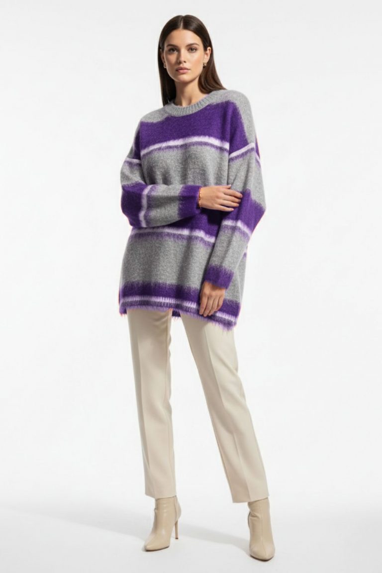 Mizalle Oversize Yumuşak Doklu Gri Mor Çizgili Triko Kazak - Mizalle