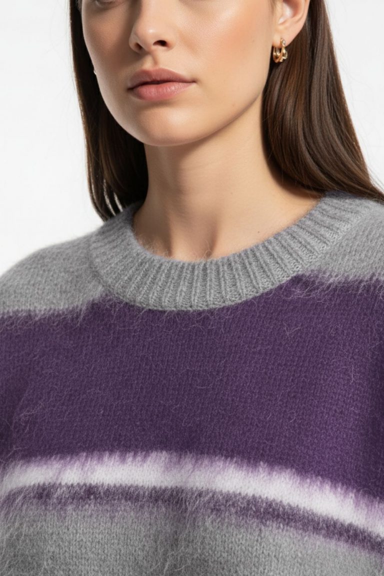 Mizalle Oversize Yumuşak Doklu Gri Mor Çizgili Triko Kazak - Mizalle