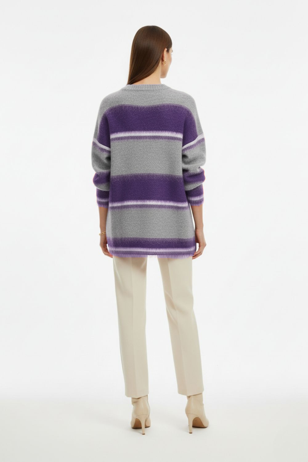 Mizalle Oversize Yumuşak Doklu Gri Mor Çizgili Triko Kazak - Mizalle