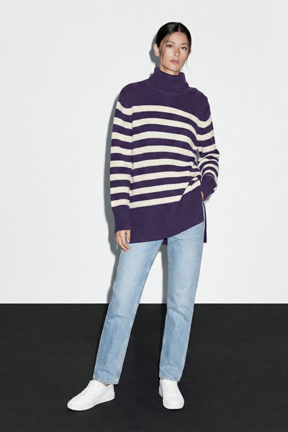 Mizalle Pamuk Karışımlı Mor Çizgili Oversize Kazak - 1