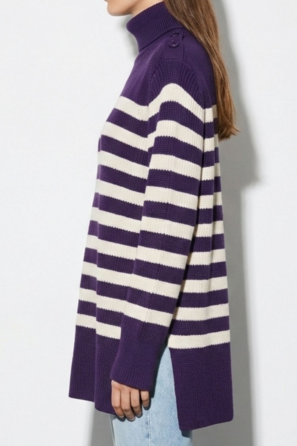 Mizalle Pamuk Karışımlı Mor Çizgili Oversize Kazak - Mizalle