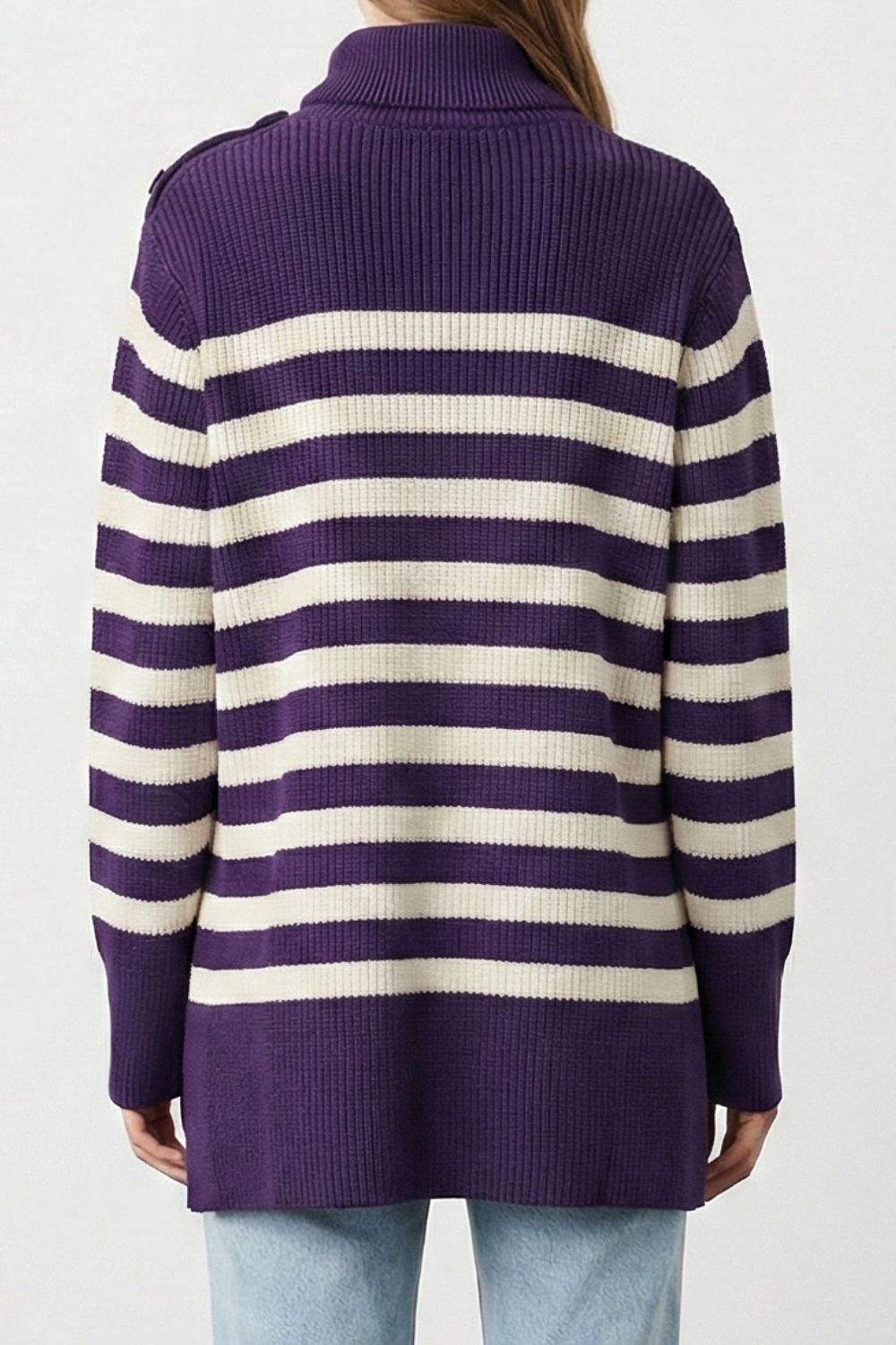 Mizalle Pamuk Karışımlı Mor Çizgili Oversize Kazak - 3