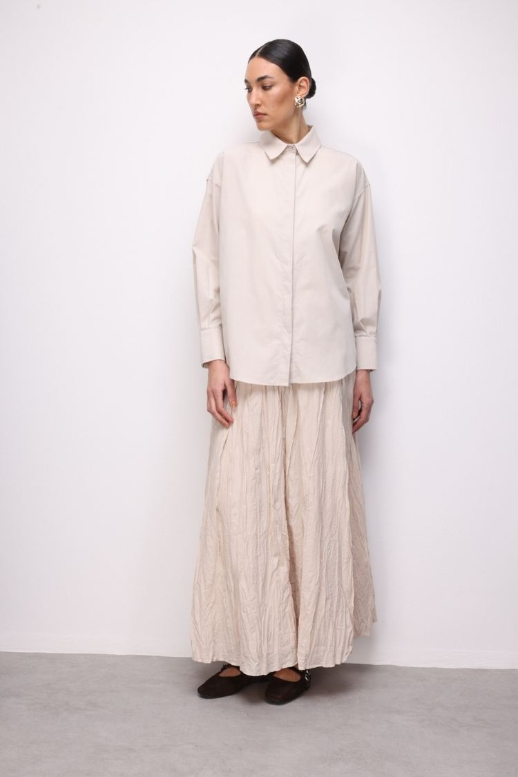 Mizalle Pamuklu Bej Rengi Oversize Gömlek - Mizalle