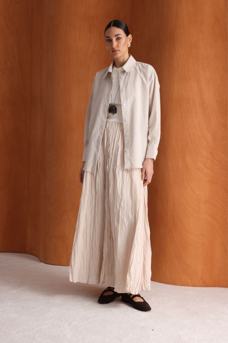 Mizalle Pamuklu Bej Rengi Oversize Gömlek - 1