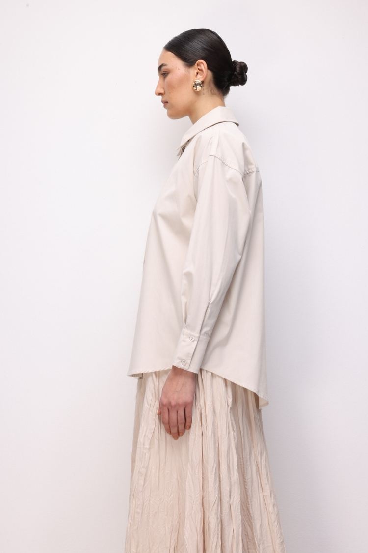 Mizalle Pamuklu Bej Rengi Oversize Gömlek - 4