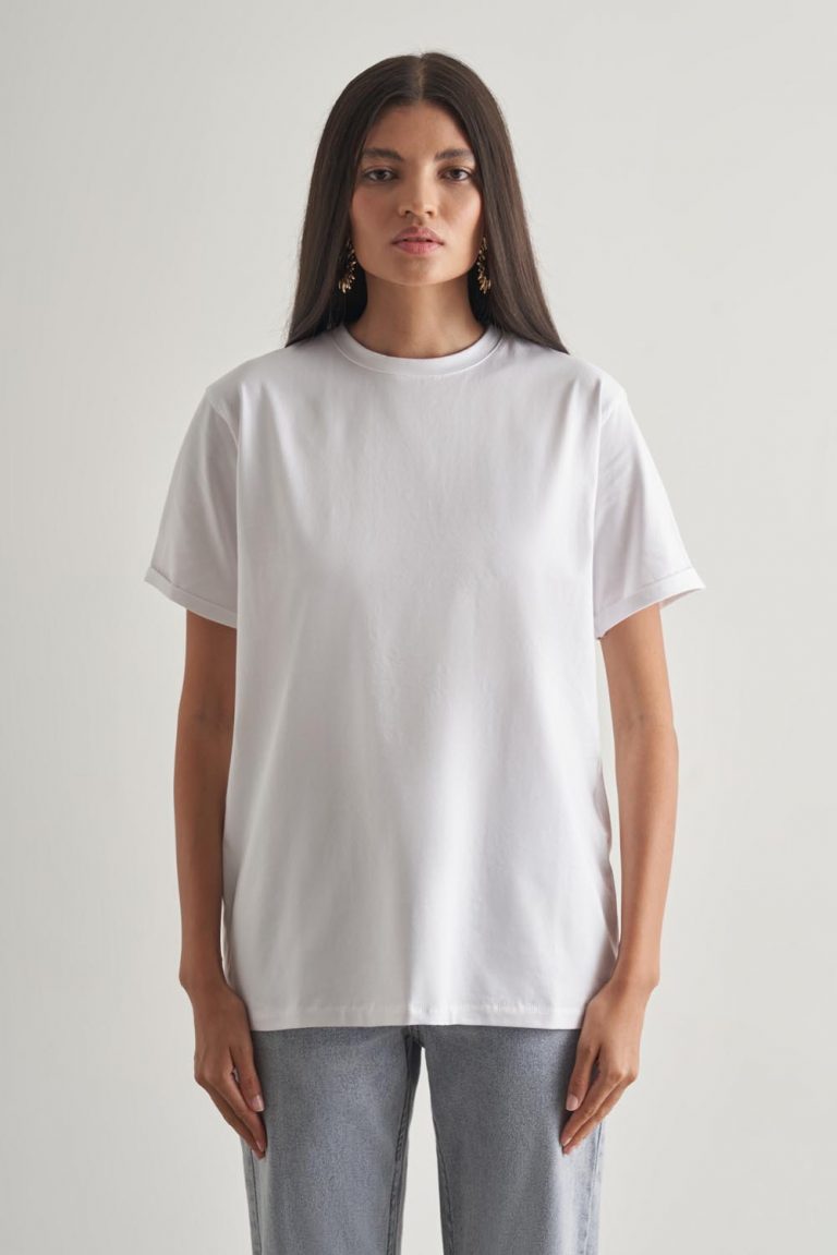 Mizalle Pamuklu Ekru Oversize Basic Tişört - Mizalle